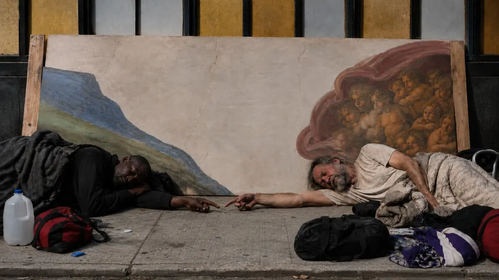 Two men lie on a sidewalk under blankets, arms extended so their index fingers nearly touch; behind them a wooden panel shows a painted figure of God with attendants from the Creation of Adam; bags, a water jug, and a walker handle nearby.