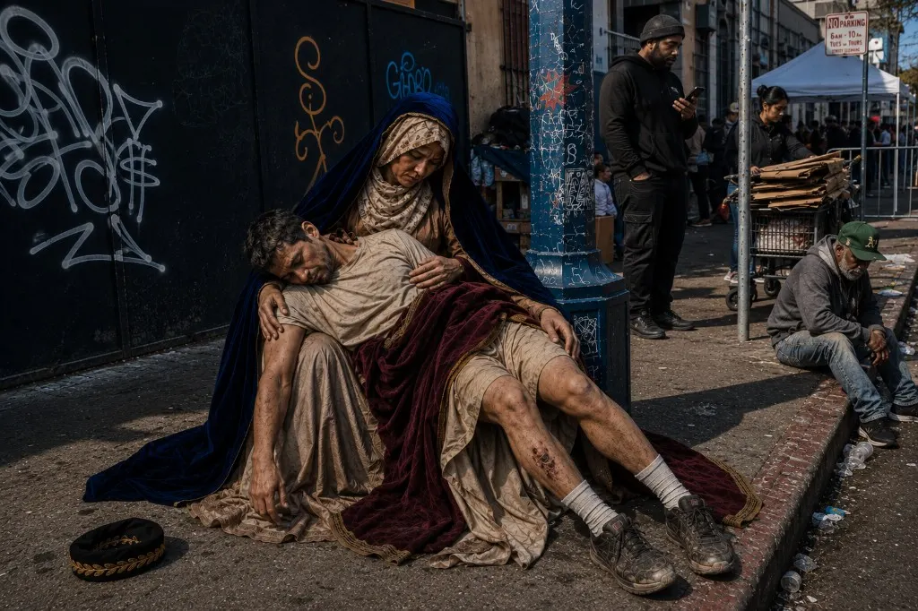 A woman in biblical robes and a blue velvet cloak sits on a dirty sidewalk cradling an unconscious man in a T-shirt, cargo shorts, and sneakers; a black embroidered hat lies nearby; graffiti gate, street tents, and indifferent passersby behind them.