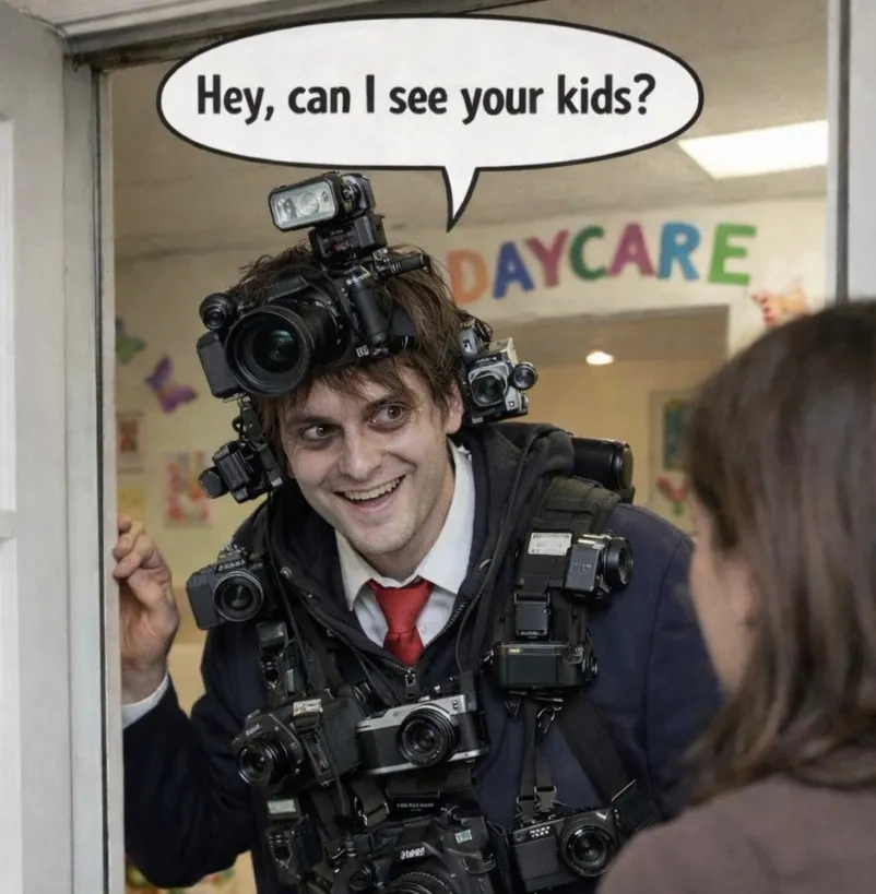 Meme still: a man loaded with cameras in a daycare doorway under a speech bubble reading Hey, can I see your kids?